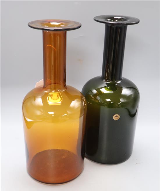 Otto Brauer, Holmegaard, Denmark, a large amber glass Gul Vase and a similar dark green vase (minor faults), height 36cm